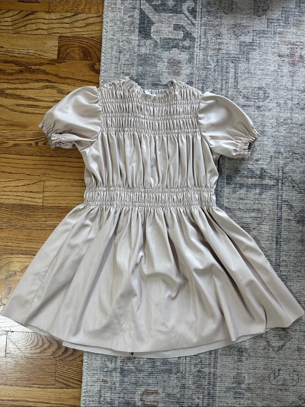 Zara Cream Smocked Faux Leather Puff Sleeve Dress for Girls